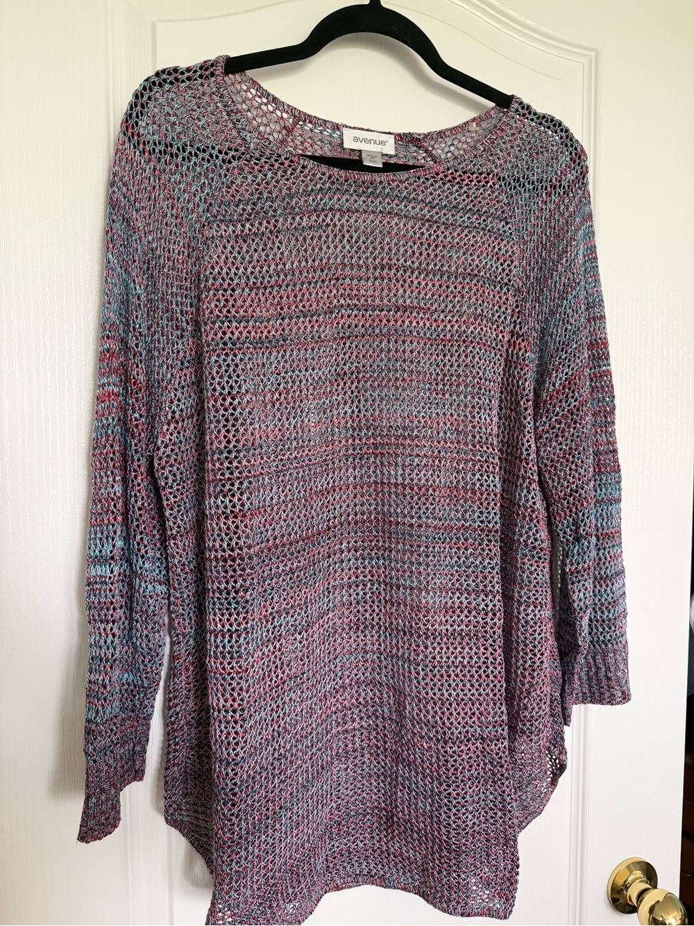 Avenue Pink and Blue Multicolor Open-Weave Scoop Neck Tunic Sweater